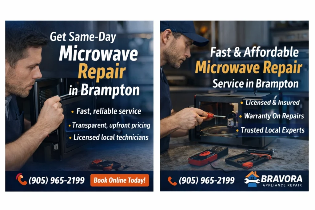 Licensed microwave technician fixing a kitchen microwave in Brampton with fast and reliable same day repair service