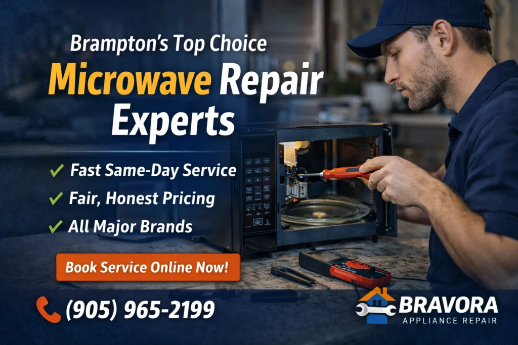 Professional microwave repair specialist working on countertop microwave in Brampton kitchen
