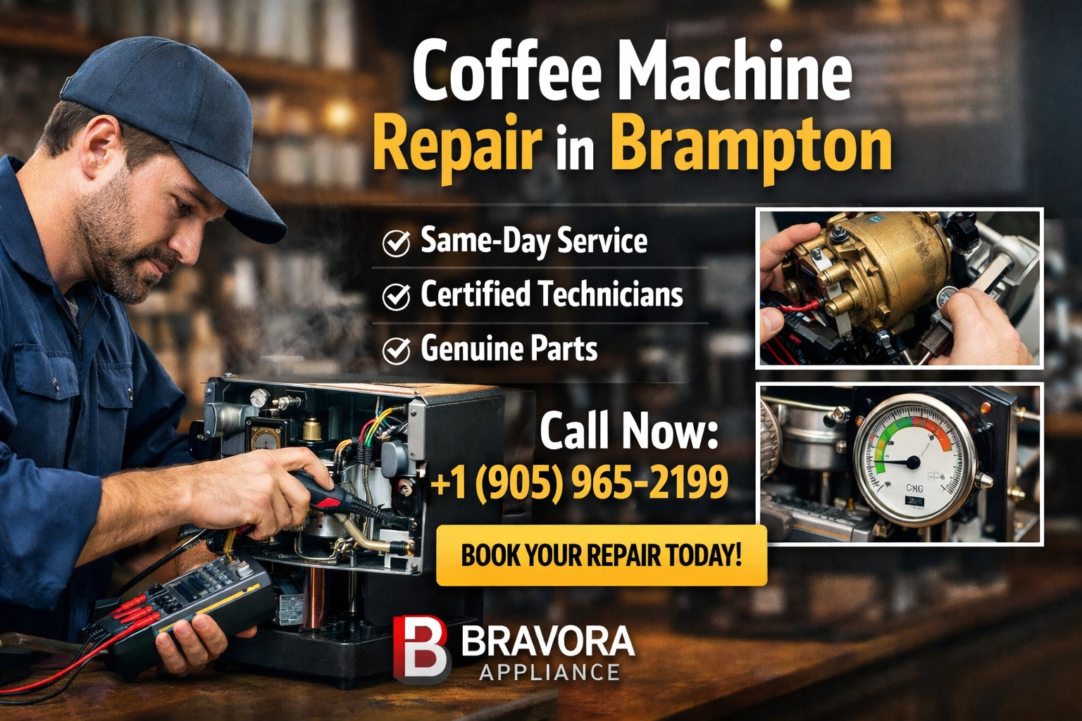 Technician repairing espresso machine in Brampton offering same-day coffee machine repair service – Call +1 (905) 965-2199