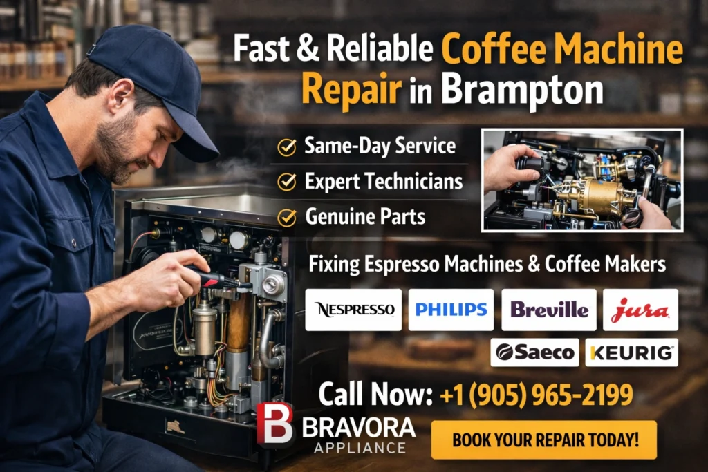 Professional technician fixing commercial espresso machine in Brampton with certified repair service – +1 (905) 965-2199