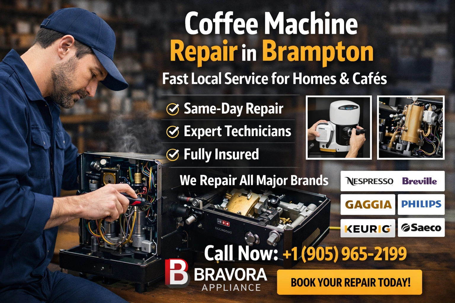 Brampton coffee machine repair specialist servicing Nespresso, Breville, Jura, and Keurig machines – Call +1 (905) 965-2199