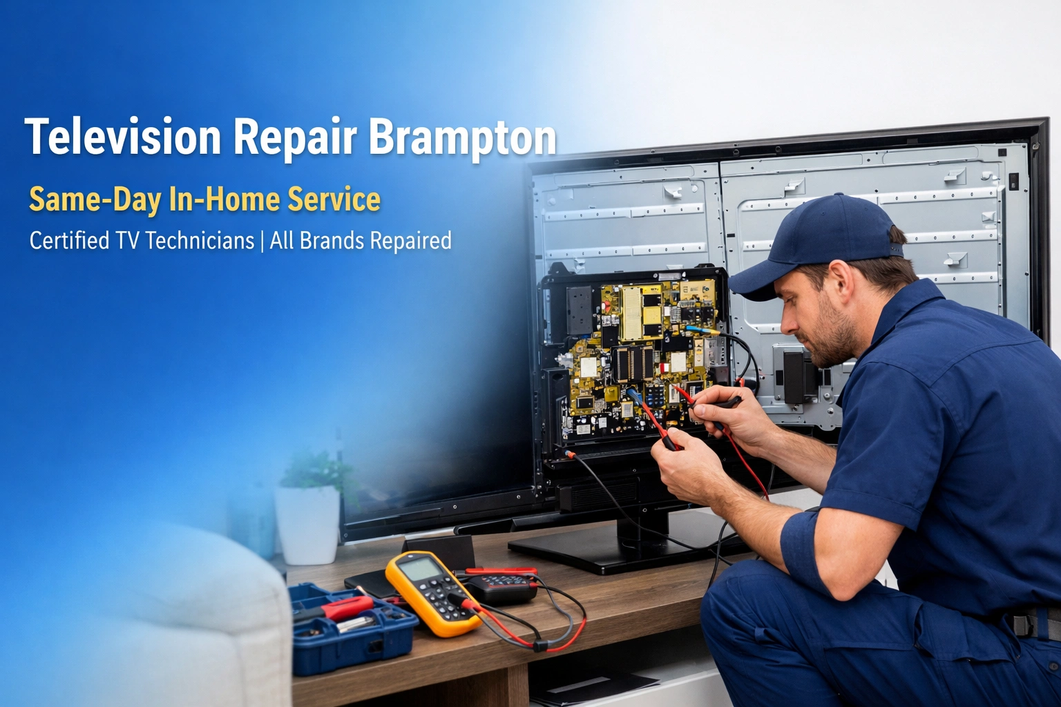 Professional TV repair technician performing in-home LED television repair in Brampton with open panel showing internal components and diagnostic tools.