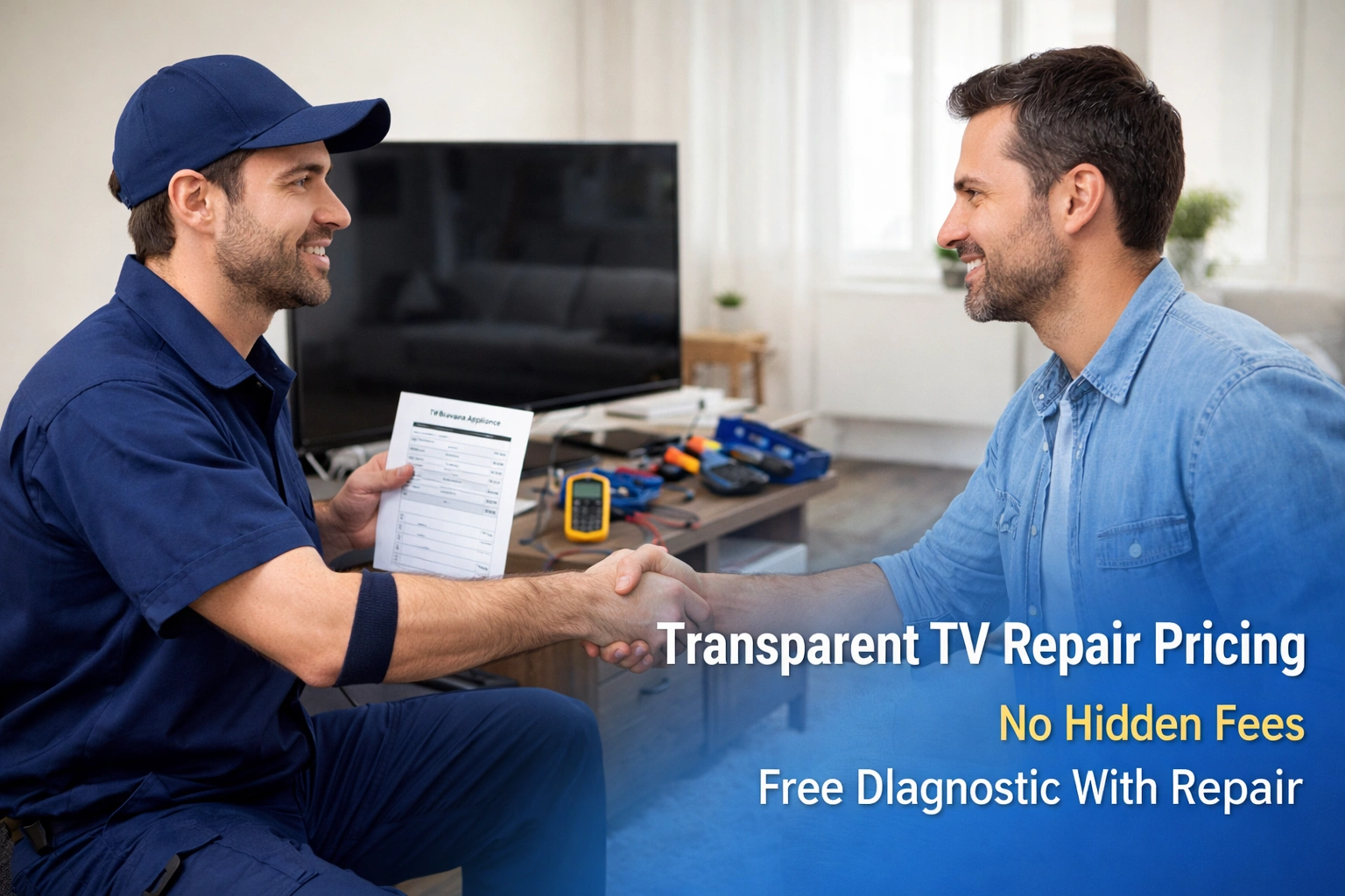 TV repair technician explaining repair cost estimate to homeowner in Brampton with tools and television visible in modern living room.