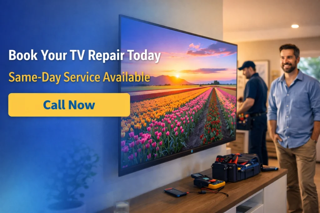 Repaired smart TV mounted on wall displaying bright 4K image while technician packs tools in Brampton home after successful television repair.