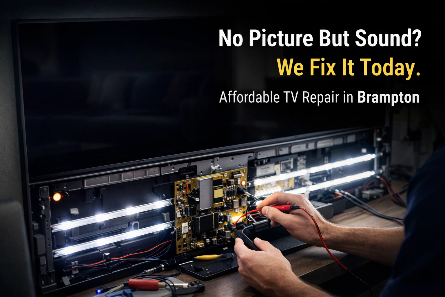 Technician repairing flat-screen TV with no picture but sound issue, testing LED backlight strips and power supply board in Brampton home.
