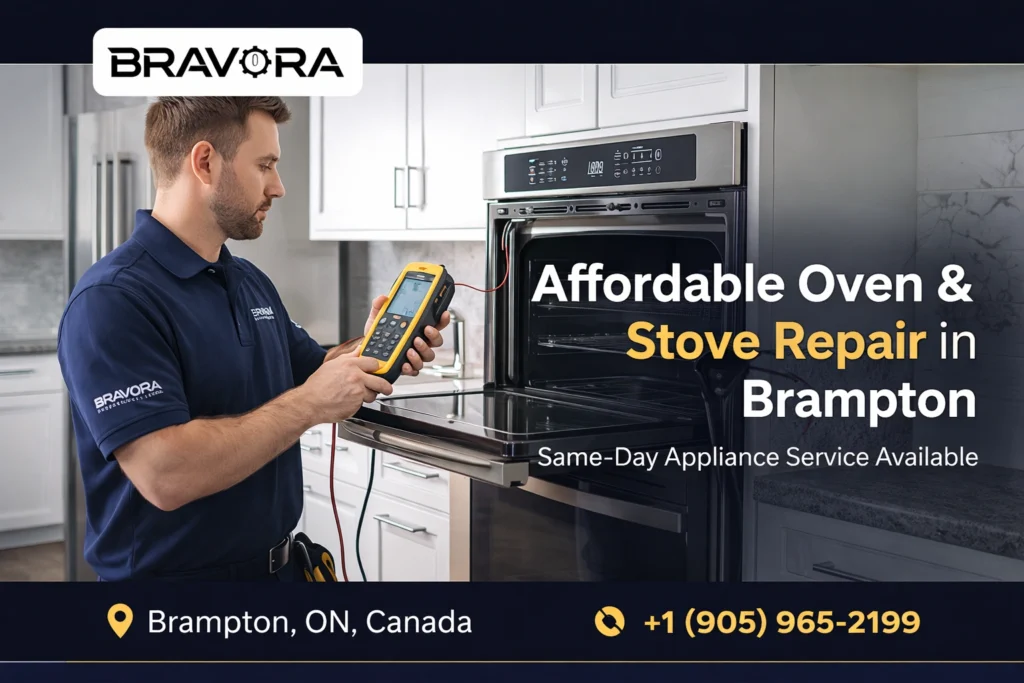 Technician inspecting a built-in oven during stove and oven repair service in Brampton Ontario by Bravora Appliance Repair