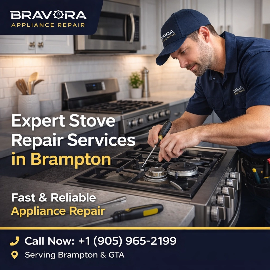 Appliance repair technician fixing a gas stove burner in a modern kitchen during stove repair service in Brampton Ontario