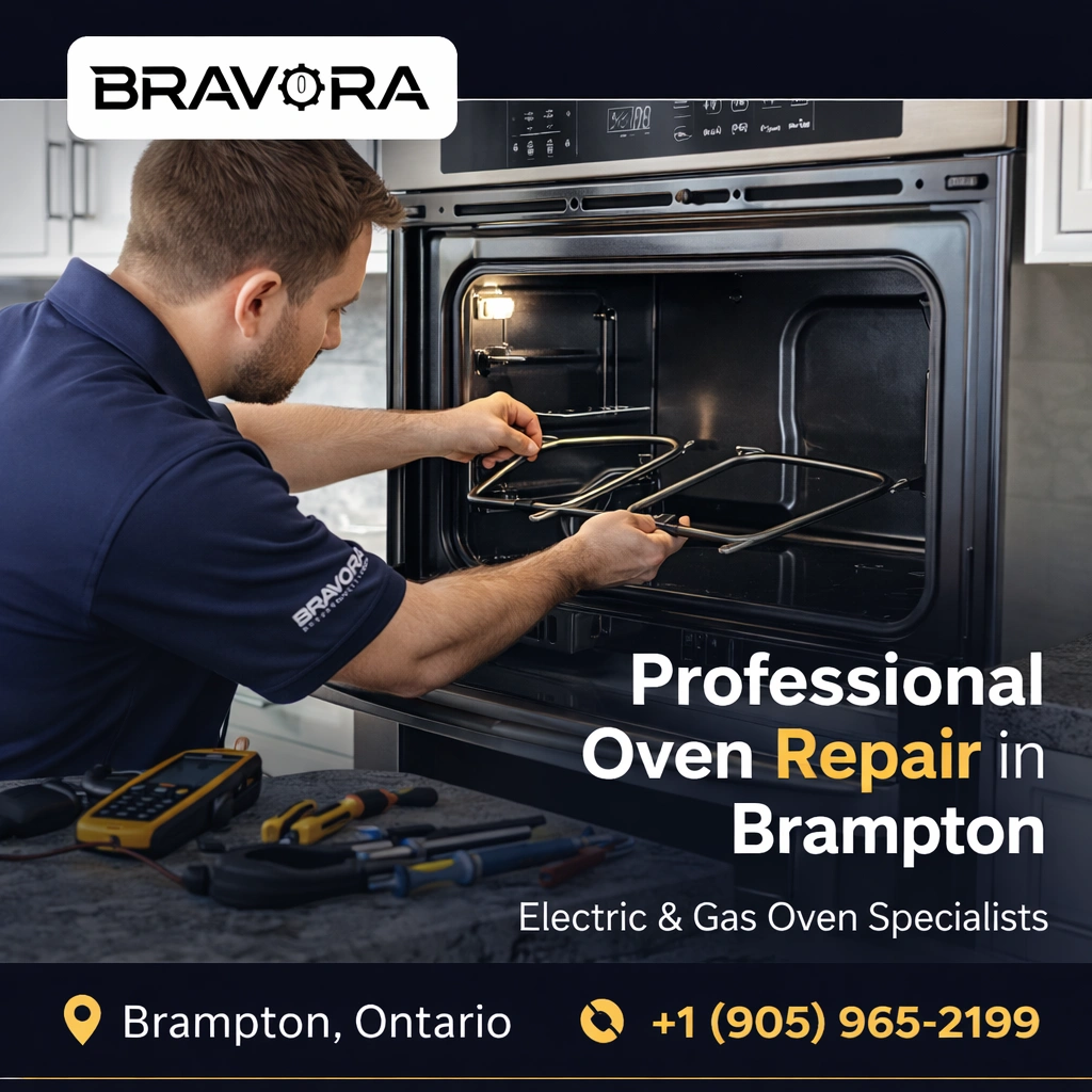 Technician replacing oven heating element inside wall oven during professional oven repair service in Brampton Ontario