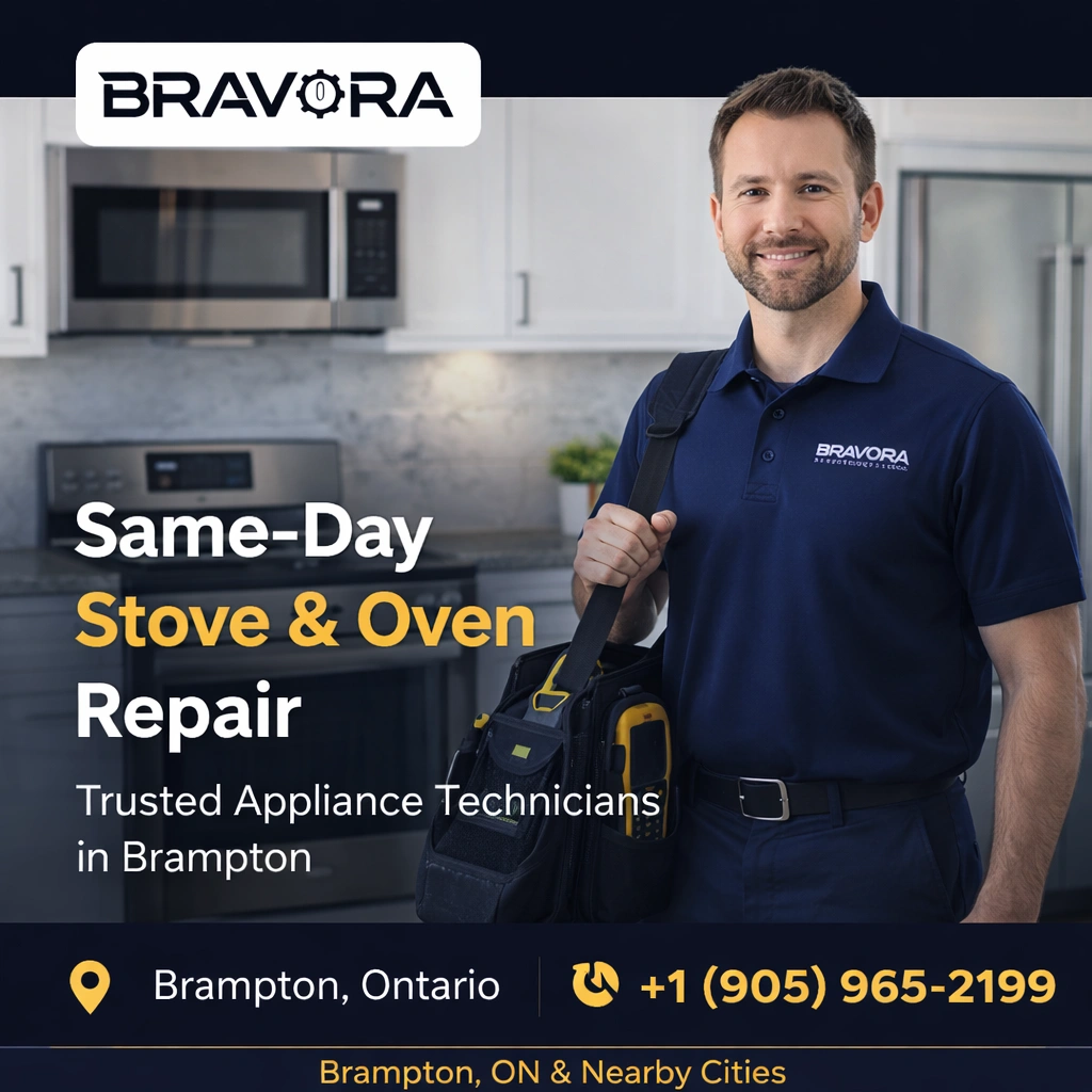 Friendly appliance repair technician arriving for same day stove and oven repair service in Brampton Ontario