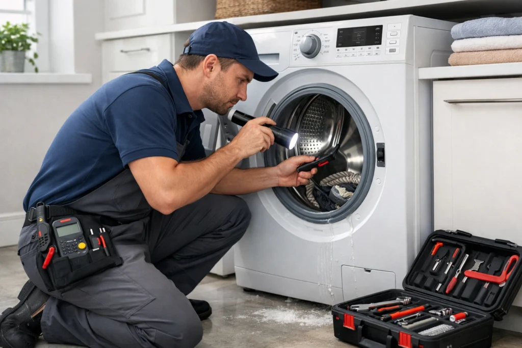 Technician repairing a front load washing machine in a Brampton home laundry room