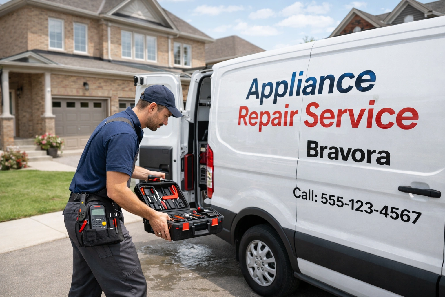 Appliance repair technician unloading tools from service van outside a Brampton home
