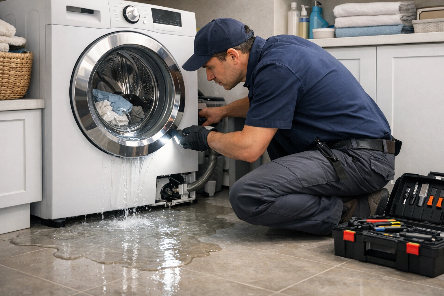 Appliance repair technician fixing a leaking washing machine on a laundry room floor