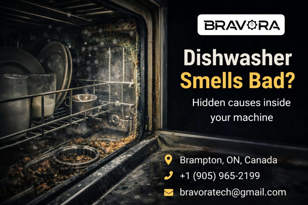 Dirty dishwasher interior with food debris, mold on gasket, and bad odor issue in Brampton home kitchen