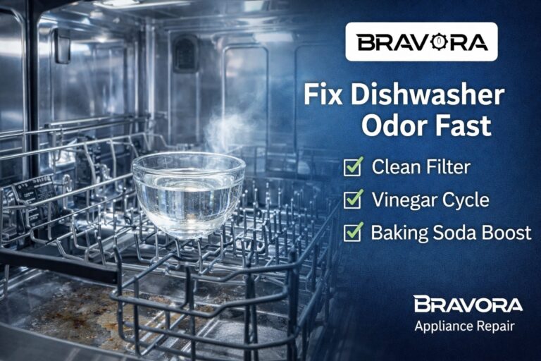 Clean dishwasher interior with vinegar bowl on top rack showing odor removal method and fresh hygienic result