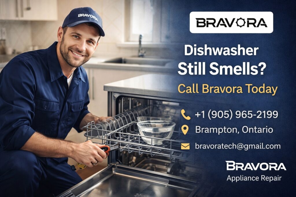 Appliance repair technician fixing dishwasher in modern kitchen with Bravora service in Brampton Ontario