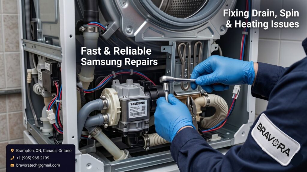 Samsung appliance repair technician servicing an open washing machine in Brampton