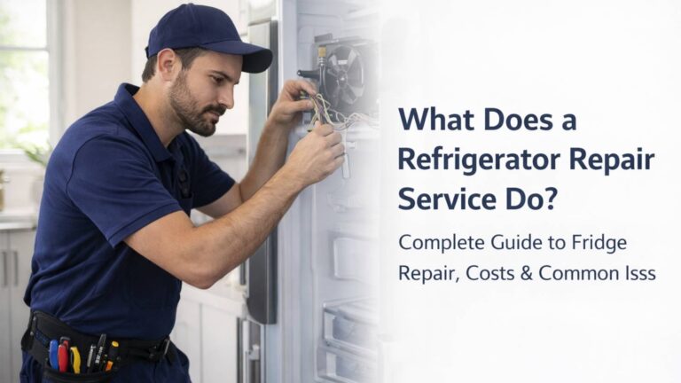 Appliance technician repairing refrigerator wiring in a modern kitchen, Brampton ON fridge repair service