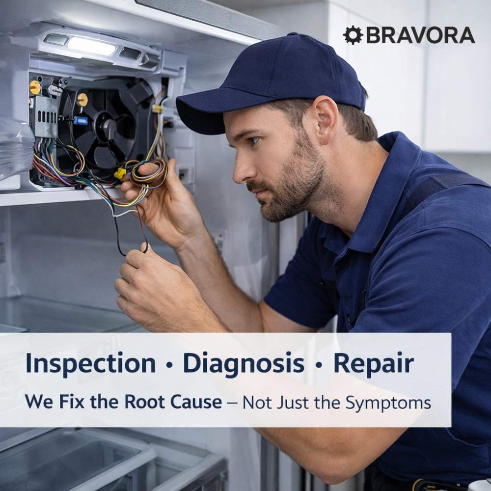 Professional appliance technician fixing refrigerator with tools in a modern kitchen in Brampton ON. What Does a Refrigerator Repair Service Do!!