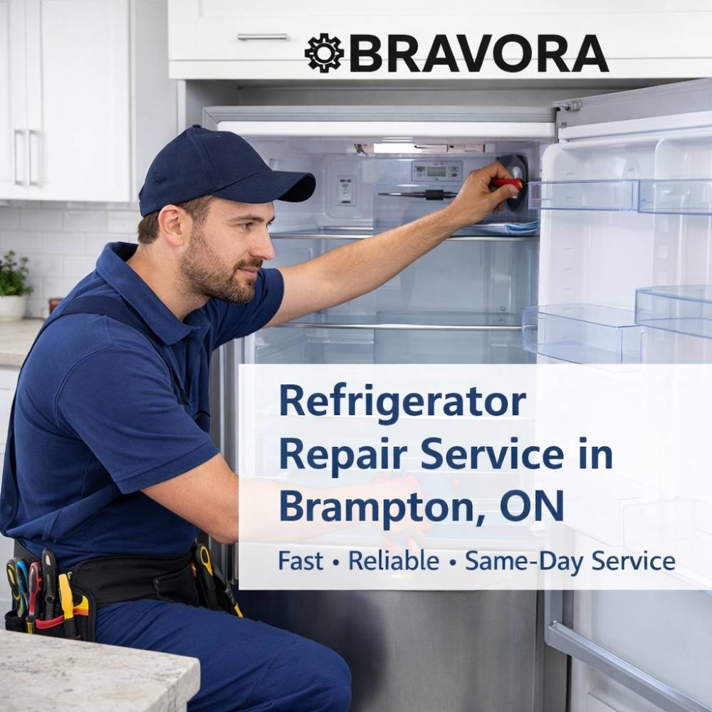 Technician inspecting refrigerator internal components for diagnosis and repair in Brampton ON kitchen