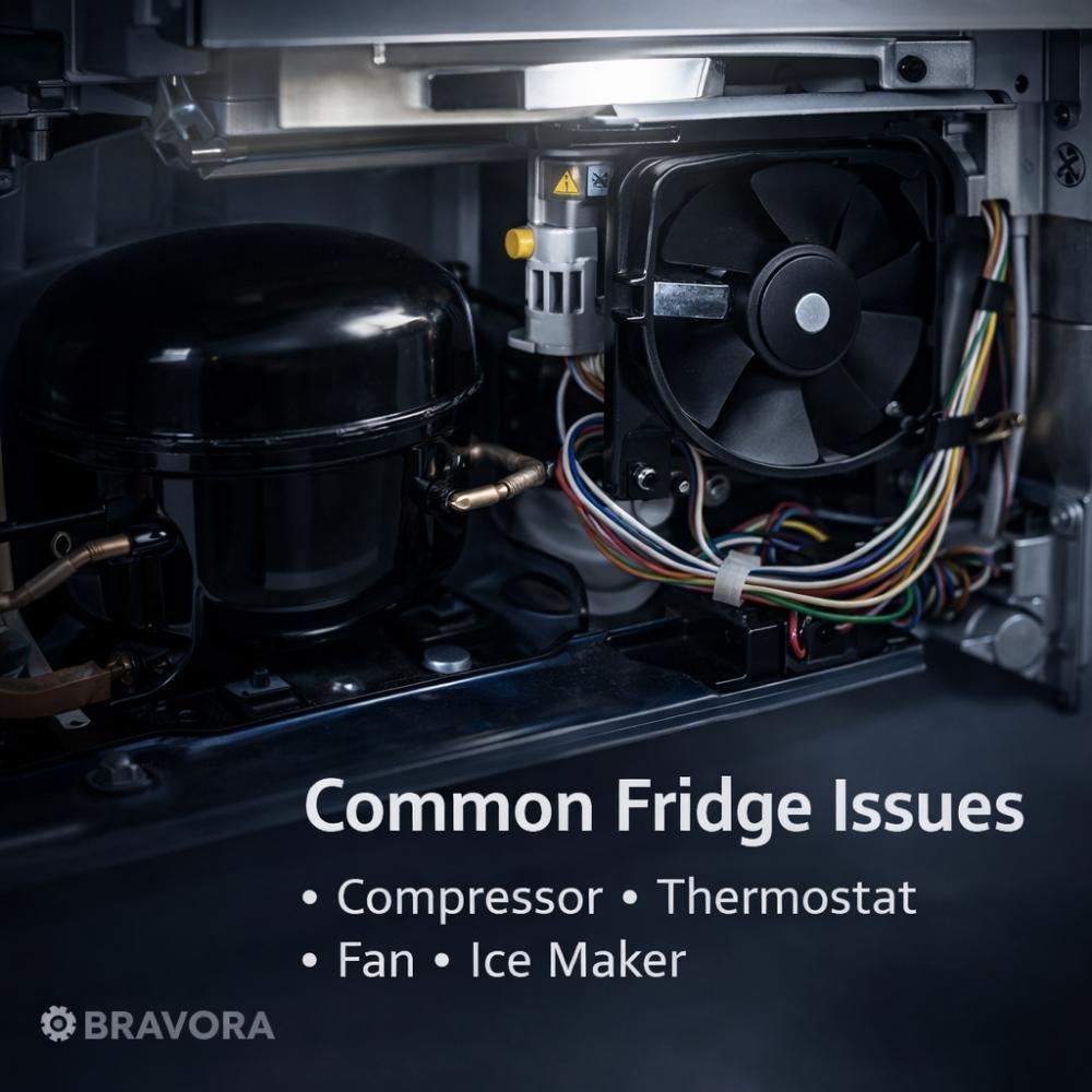Close-up of refrigerator compressor, fan, and cooling components showing common fridge issues and repairs
