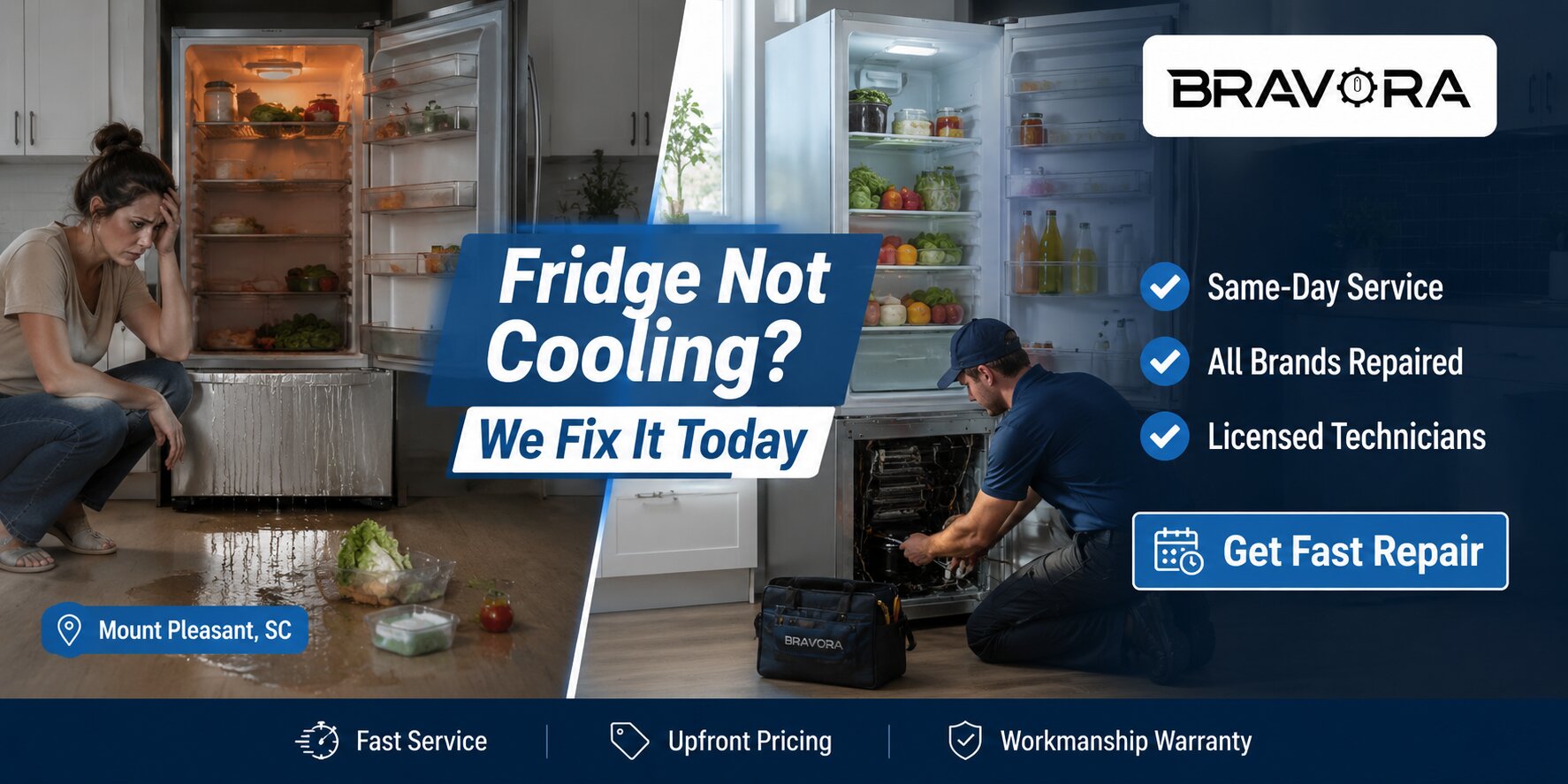 Refrigerator technician repairing a fridge that is not cooling in Mount Pleasant, SC