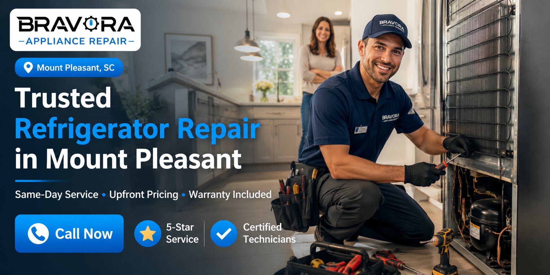 Trusted refrigerator repair Mount Pleasant technician fixing fridge in home kitchen same day service
