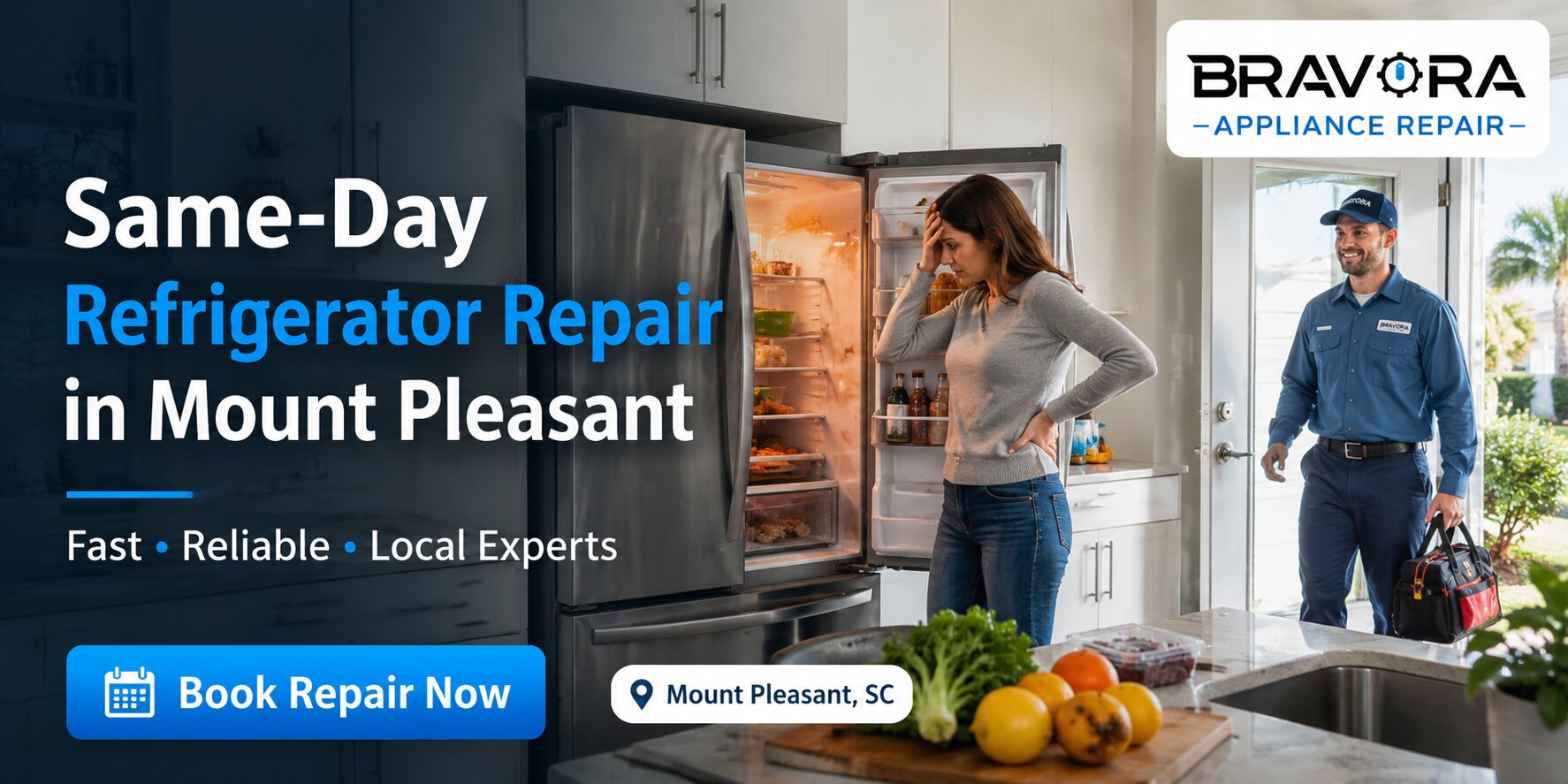 Same-day refrigerator repair technician arriving at a home in Mount Pleasant, SC