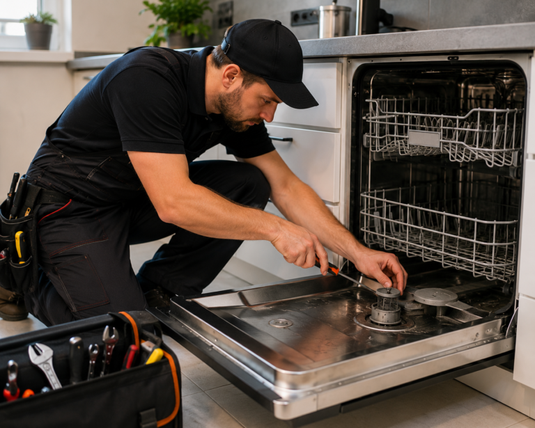 Cleaning a clogged dishwasher filter to improve water drainage.
