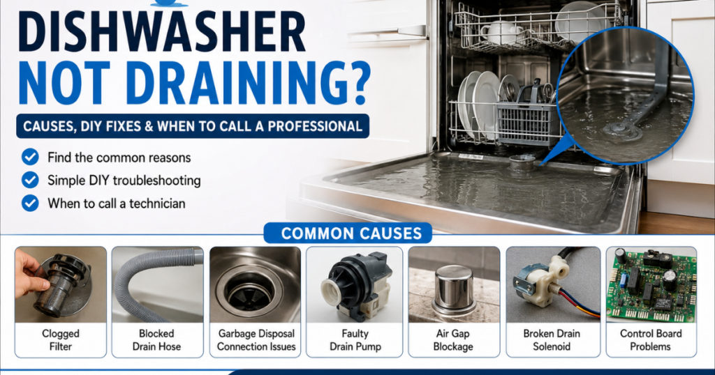 Dishwasher not draining with standing water inside a modern kitchen in Brampton.