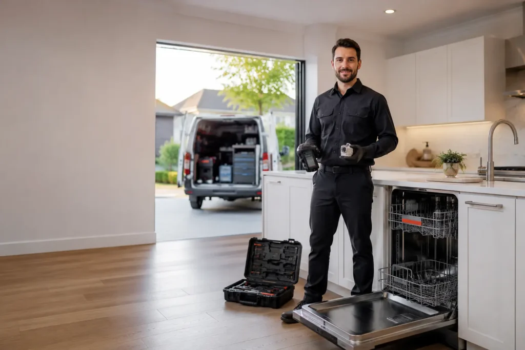 Dishwasher repair technician inspecting an open dishwasher in a Brampton kitchen