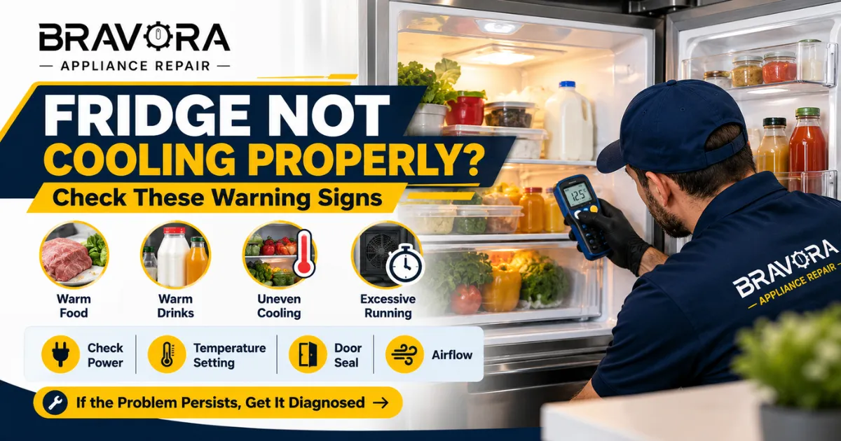 Bravora technician checking a refrigerator that is not cooling properly