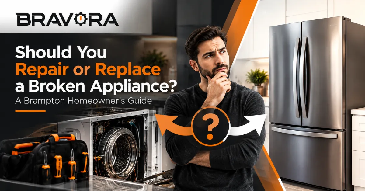 Homeowner deciding whether to repair or replace a broken appliance, with open washer and fridge